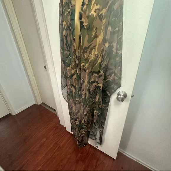 Rough Trade Gear Green Tan Camo Print SheerMesh Oversized Hooded Coverup NWT O/S
